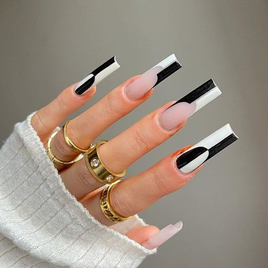 Simple Black And White Color Matching Long Nails Removable